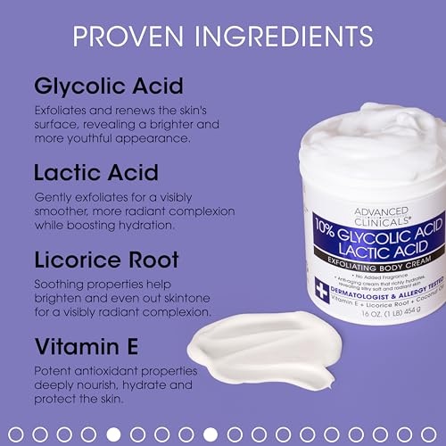 Advanced Clinicals 10% Glycolic Acid + Lactic Acid Lotion Exfoliant Moisturizing Cream with Hyaluronic Acid Moisturizer | AHA Exfoliating Body Cream I