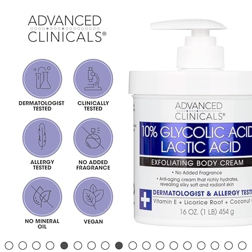 Advanced Clinicals 10% Glycolic Acid + Lactic Acid Lotion Exfoliant Moisturizing Cream with Hyaluronic Acid Moisturizer | AHA Exfoliating Body Cream I